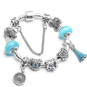 SILVER Plated Blue Elsa Disney Snake Style Charm Bracelet